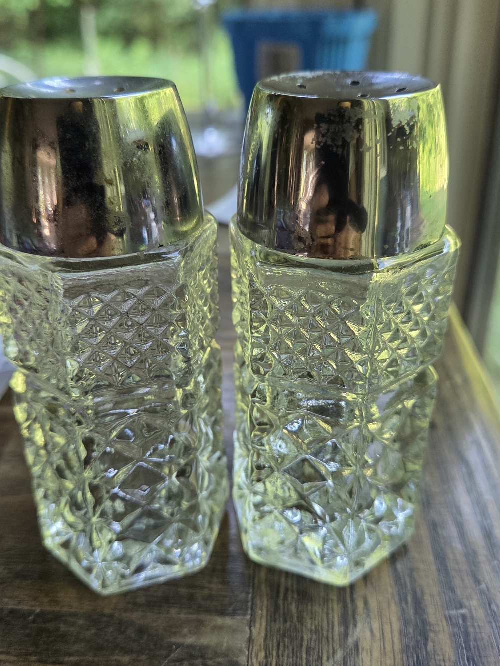 Anchor Hocking Clear Glass Cut-Pattern Salt and Pepper Shakers with Silver Tops